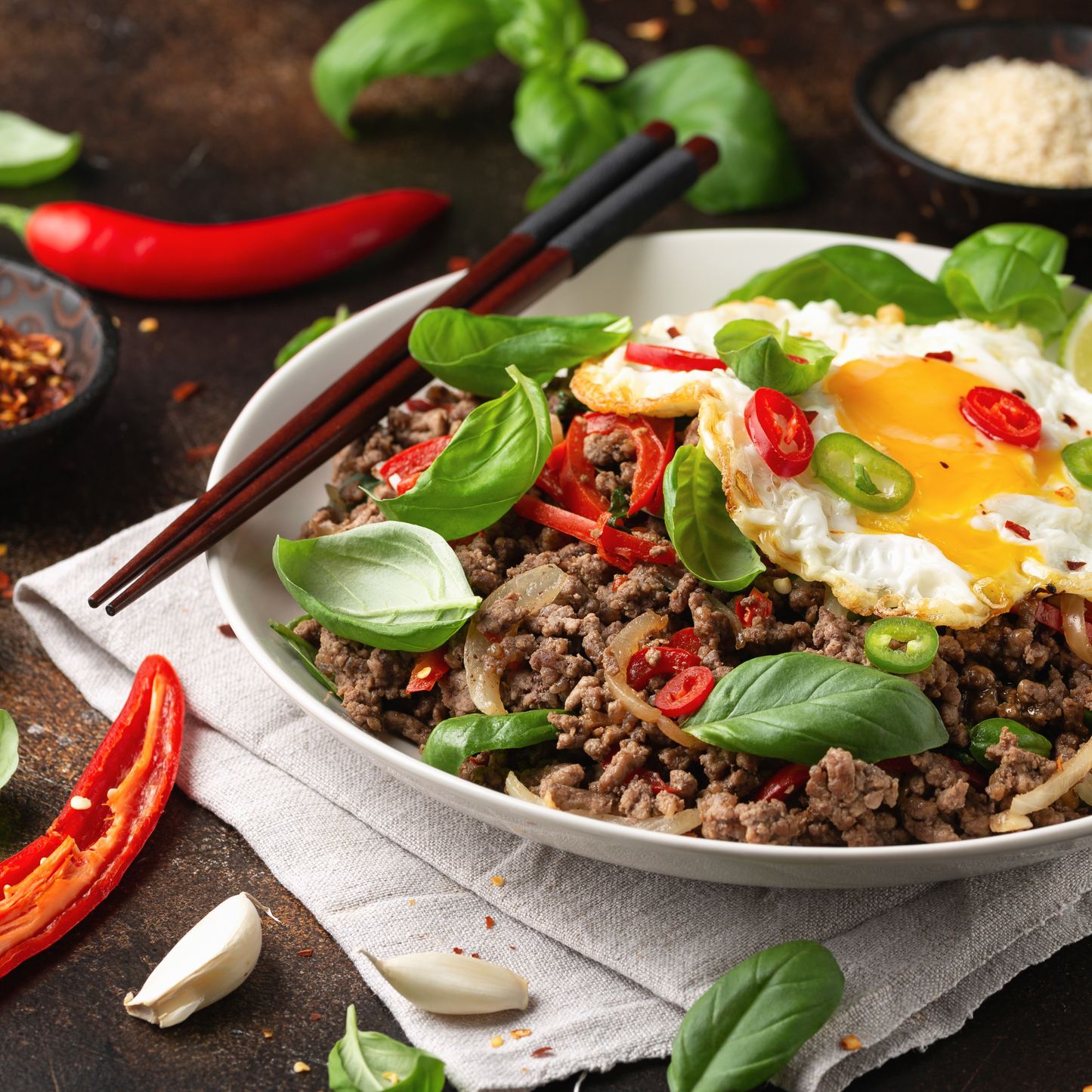 Pad Kra Pow family meal by The Yum Fork Co