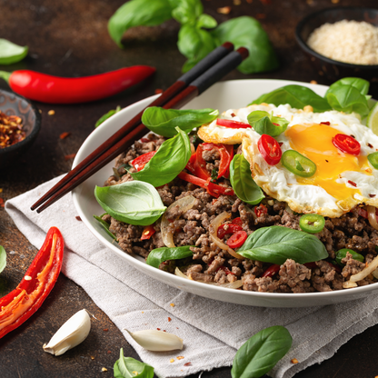 Pad Kra Pow family meal by The Yum Fork Co